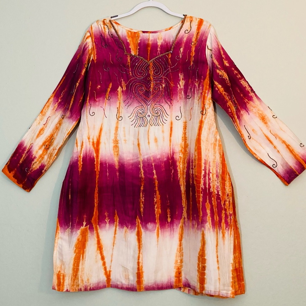 Silk tie-dye beaded tunic purple / orange 14